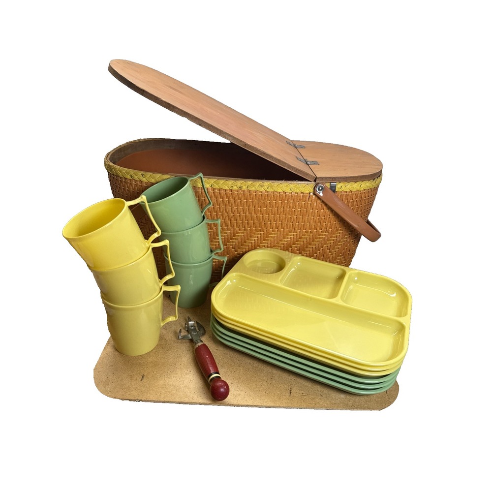 Vintage 1950's Redmon Peru, Picnic Basket & Insert, dishes, stand, and trays.